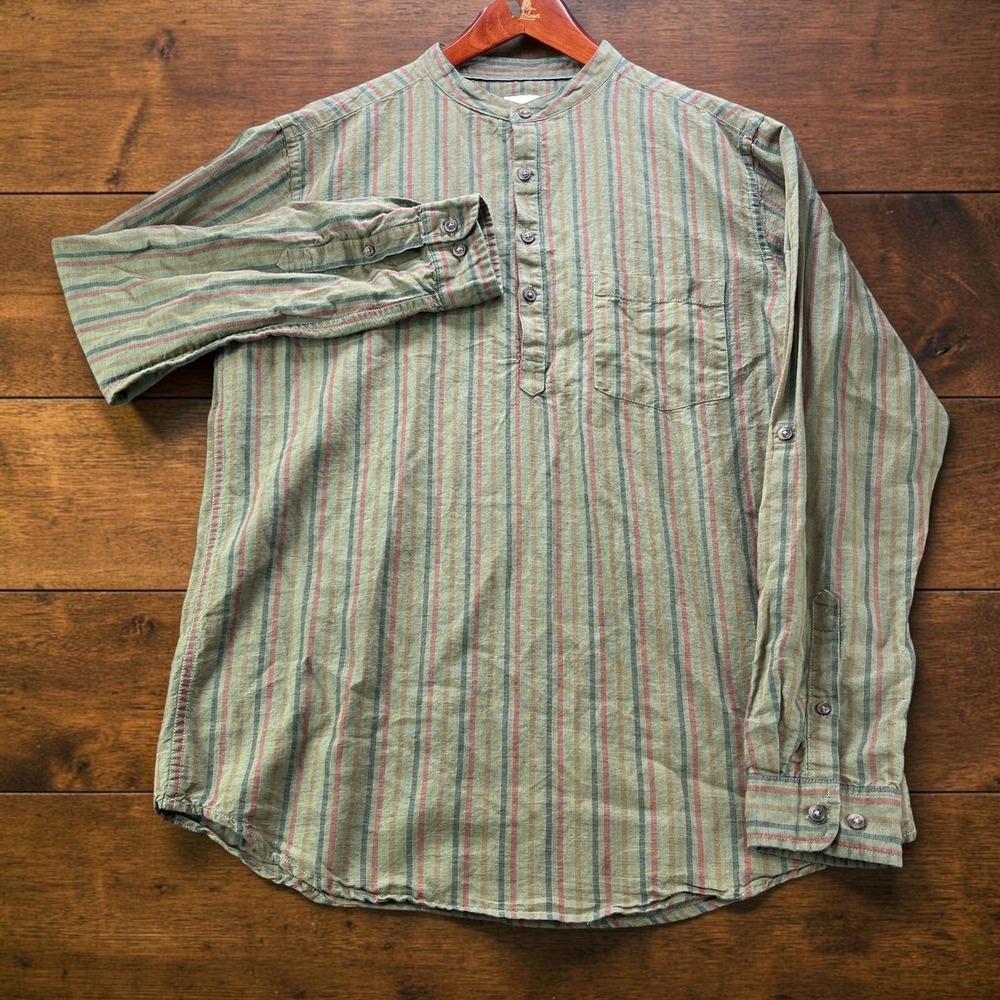 Max Mens M Green Striped Cotton Linen Band Collar Popover Shirt Roll Tab Sleeve